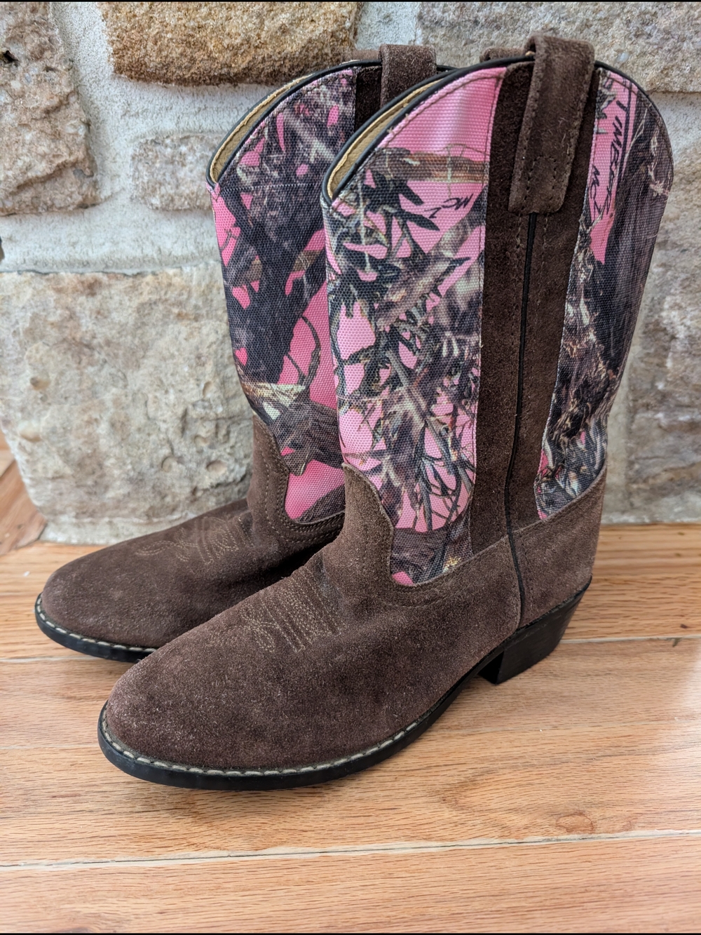 Masterson Brown Suede Heeled Cowboy Boots with Pink Camo